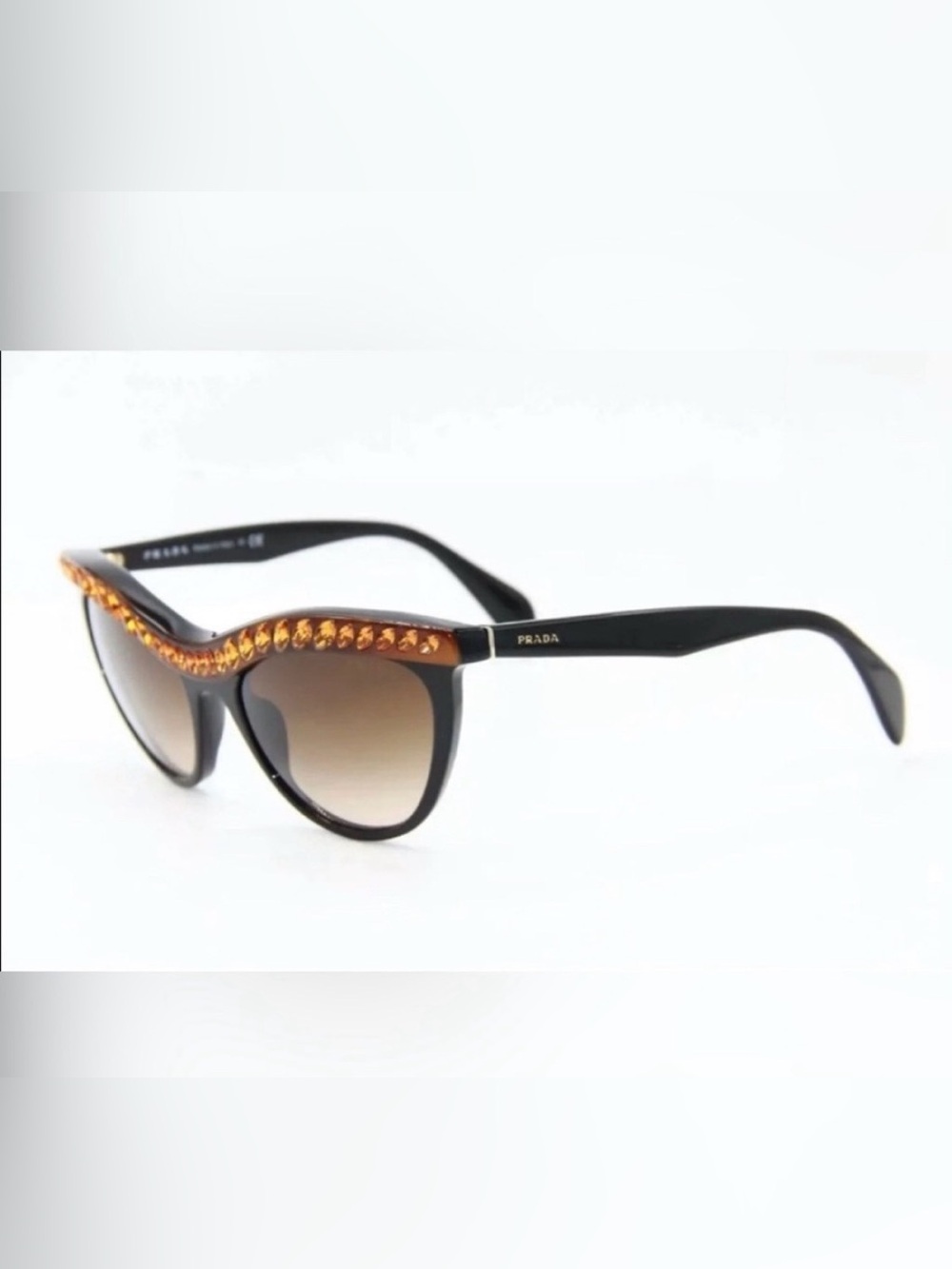 Prada Black Cat-Eye Sunglasses with Amber Crystal Trim made in Italy. - Picture 5 of 8
